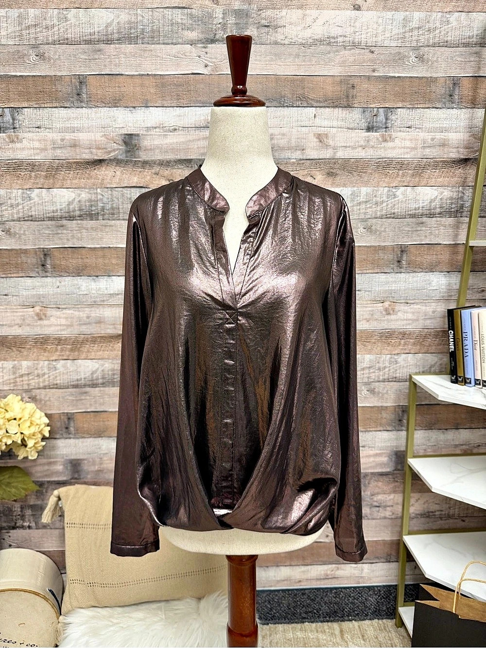 Current Air Metallic Bronze V Neck Long Sleeve Blouse Small